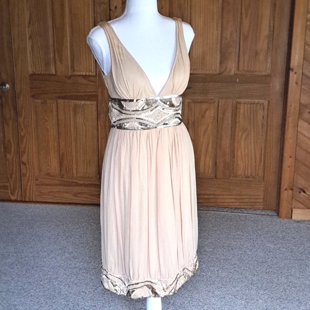 Vintage MacDuggal Couture nude silk sequin deep plunge knee length dress